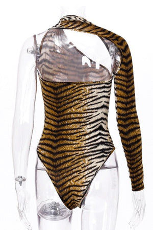 Single Shoulder Tiger Print Halter Bodysuit